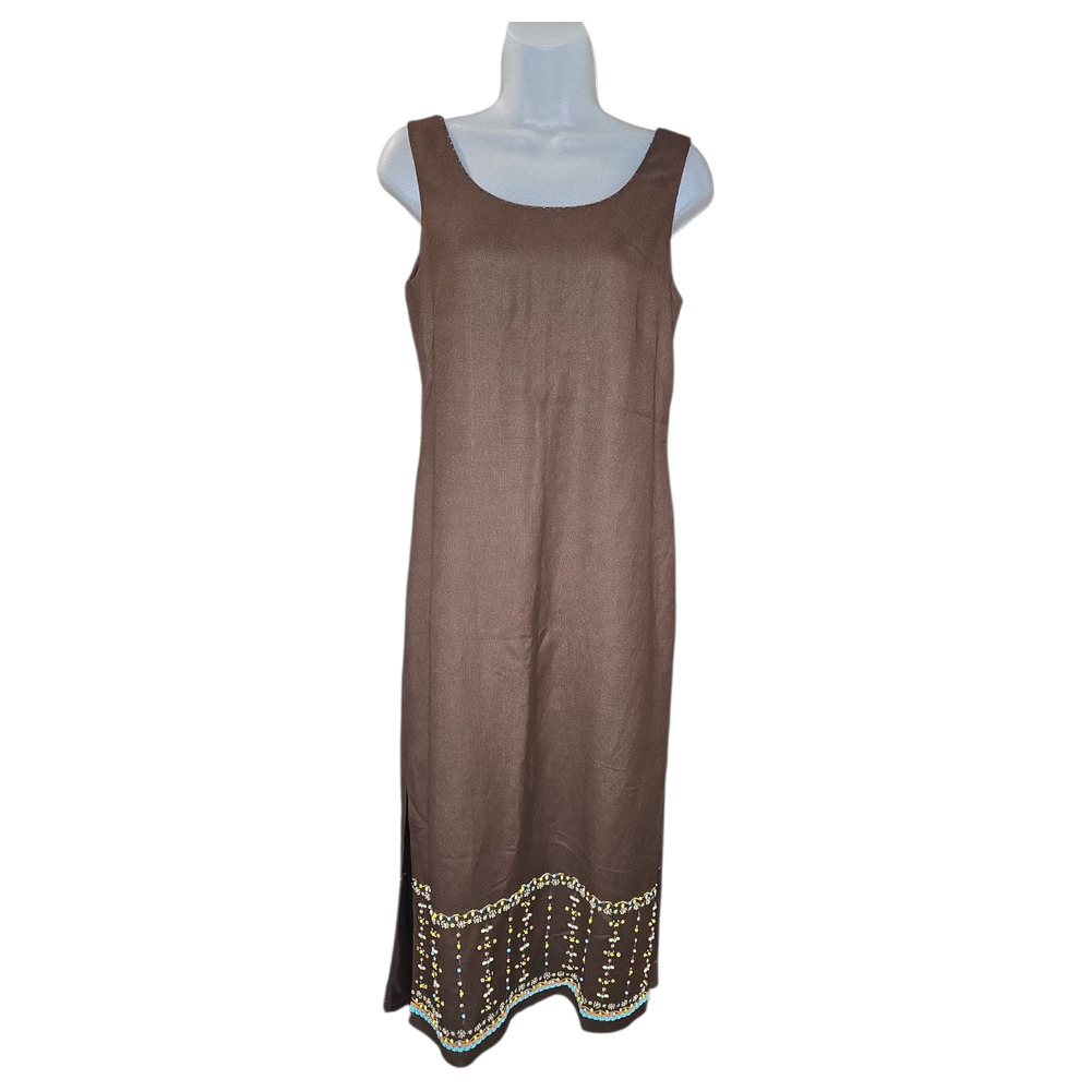 Vtg Yves Cossette Depeche Mode Sz 4 Linen Blend Brown Beaded Y2K Sheath Dress
